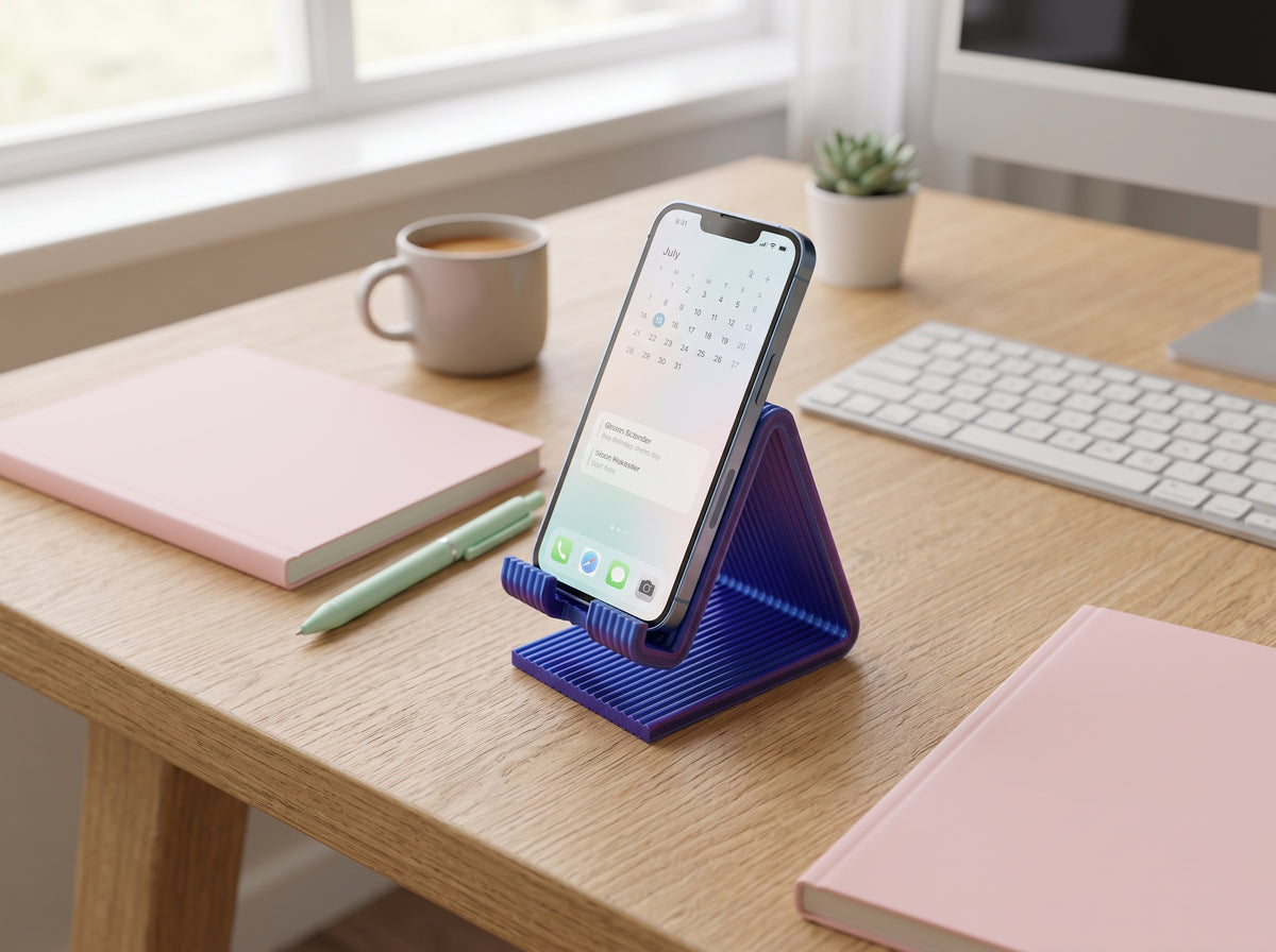 Galaxy blue and violet ribbed phone stand holding a smartphone upright on a timber desk, beside a pink notebook and mint pen.
